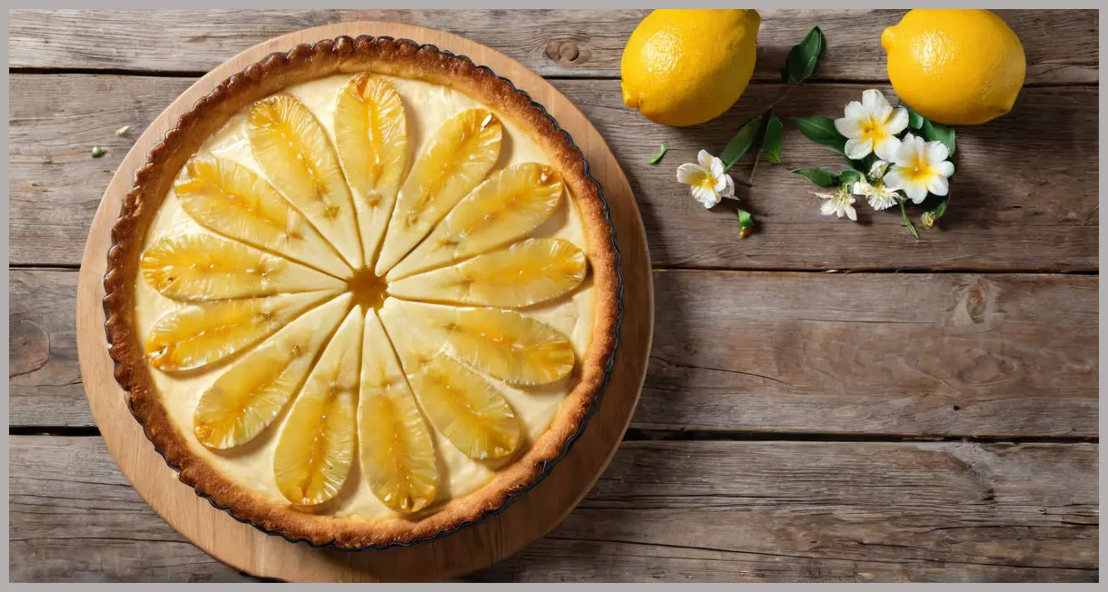 Overhead flat lay of Baked lemon cheesecake with pineapple flowers, arranged in a sunburst pattern on a wooden table, bathed in golden hour light.
