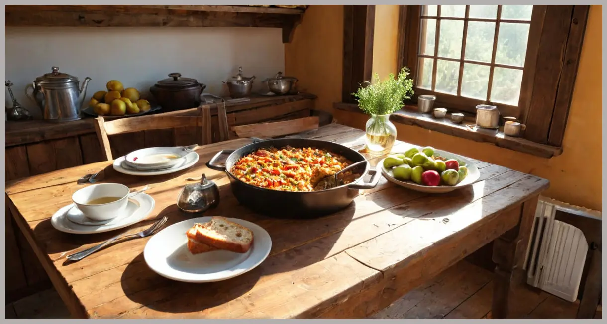 Veggie sausage casserole with apples and cider on a wooden table, bathed in late afternoon sunlight, thyme sprigs, rustic bread, vintage silverware.
