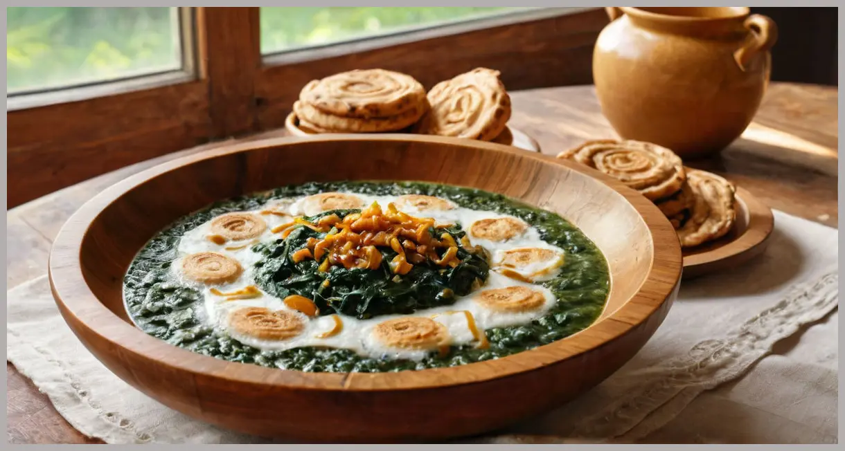 Wooden bowl of creamy coconut dhal with spinach swirls, three chapatis beside it, bathed in soft afternoon sunlight. Coconut dhal and chapatis
