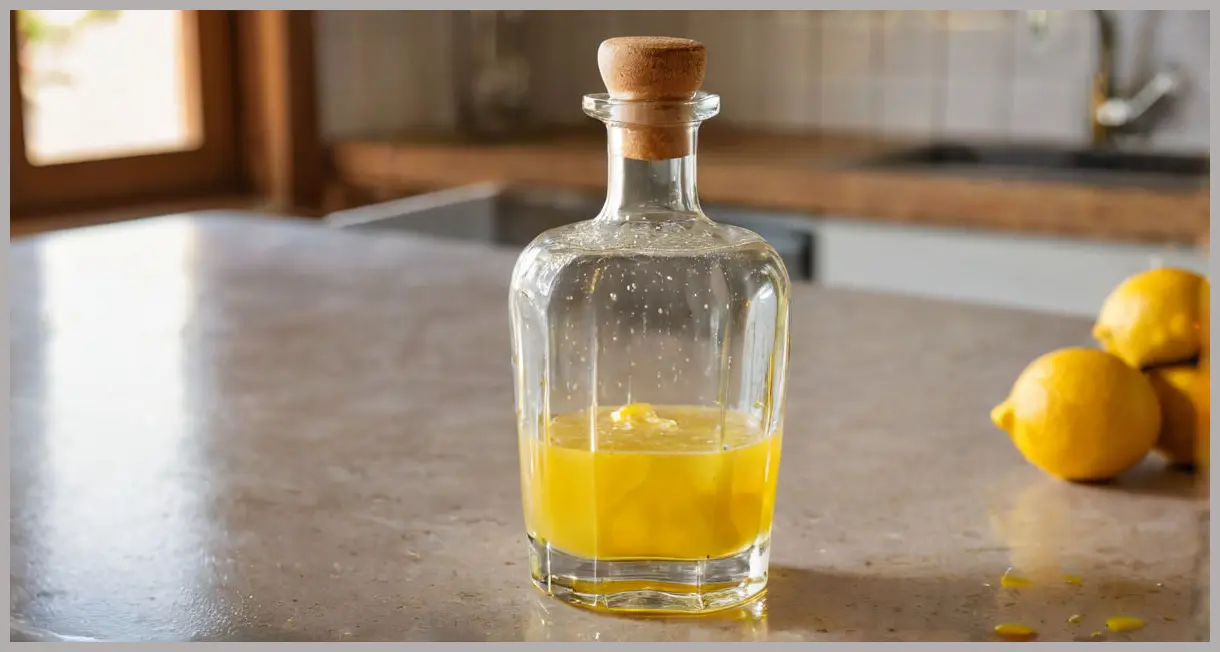 A close-up of Gennaro Contaldo’s limoncello bottle with condensation, golden liquid, and floating lemon zest on a sunlit kitchen counter.