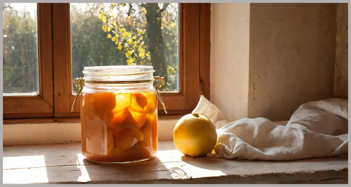 A jar of Membrillo (quince paste) wrapped in muslin on a sunlit windowsill, backlit by golden hour, with quince trees in soft focus.