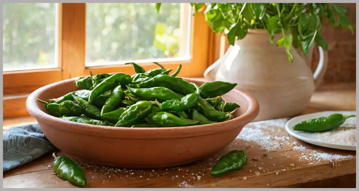 Wide shot of Padron peppers in terracotta dish, bathed in late afternoon sunlight, rustic kitchen setting. Padron peppers