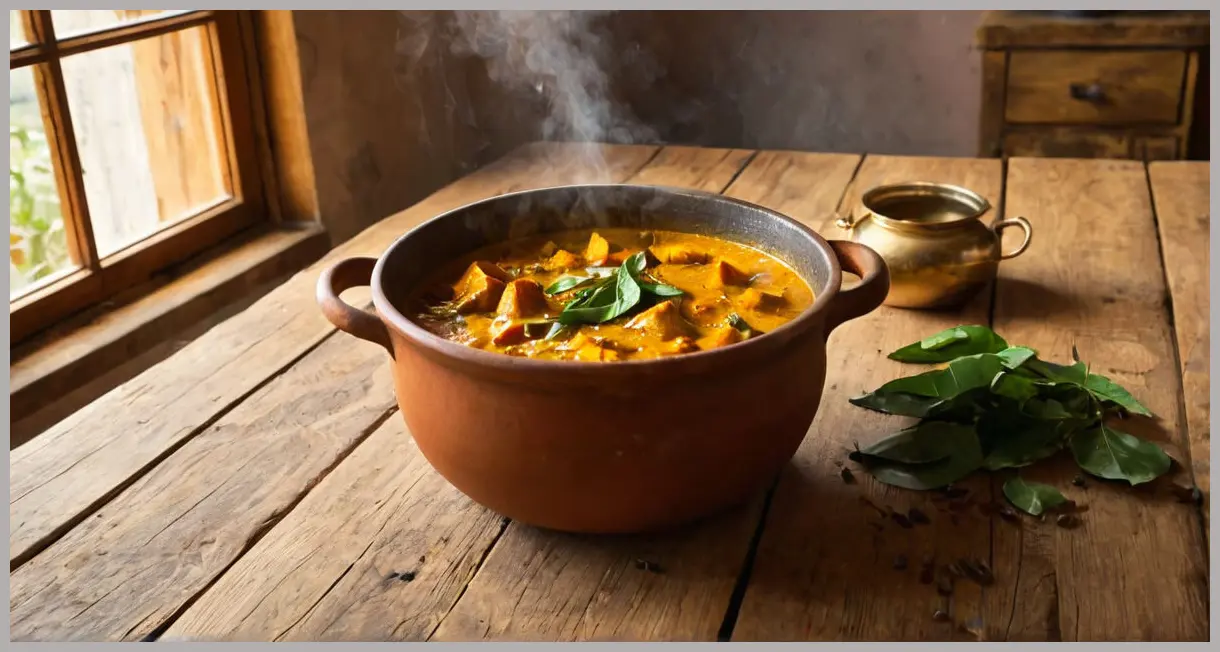 Clay pot of pumpkin curry on a wooden table, late afternoon sunlight, steam rising, spices scattered. Pumpkin curry
