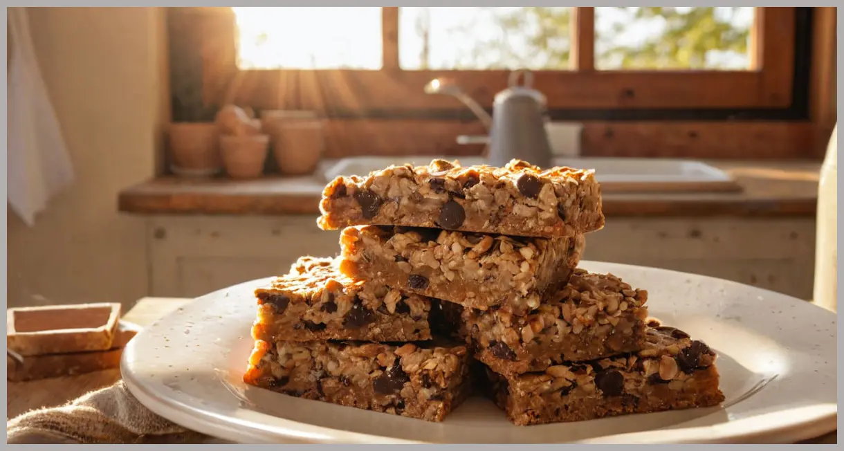 Wide shot of vegan chocolate chip oat bars stacked on ceramic, golden hour backlighting, sunflare through window.