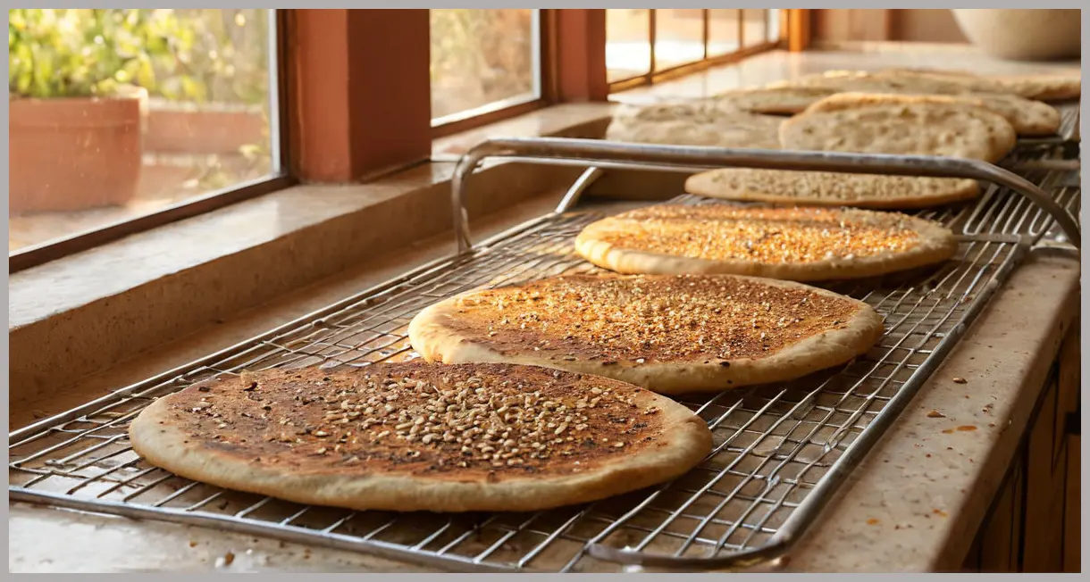 Griddled za’atar flatbreads cooling on a wire rack, bathed in late afternoon sunlight, sesame seeds glinting, terracotta tiles below.