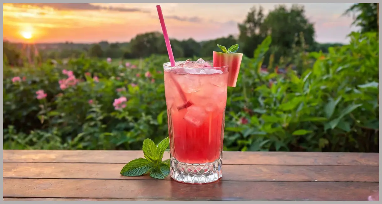 Dutch angle shot of a rhubarb spritz in a highball glass, garnished with curled rhubarb and mint, glowing in neon pink sunset light.