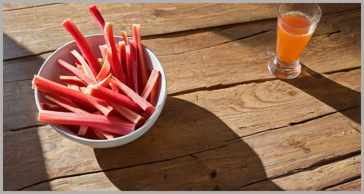 A display of Super-easy rhubarb vodka ingredients: vibrant rhubarb stalks, caster sugar, orange zest, and a vodka bottle, on a rustic wood surface.