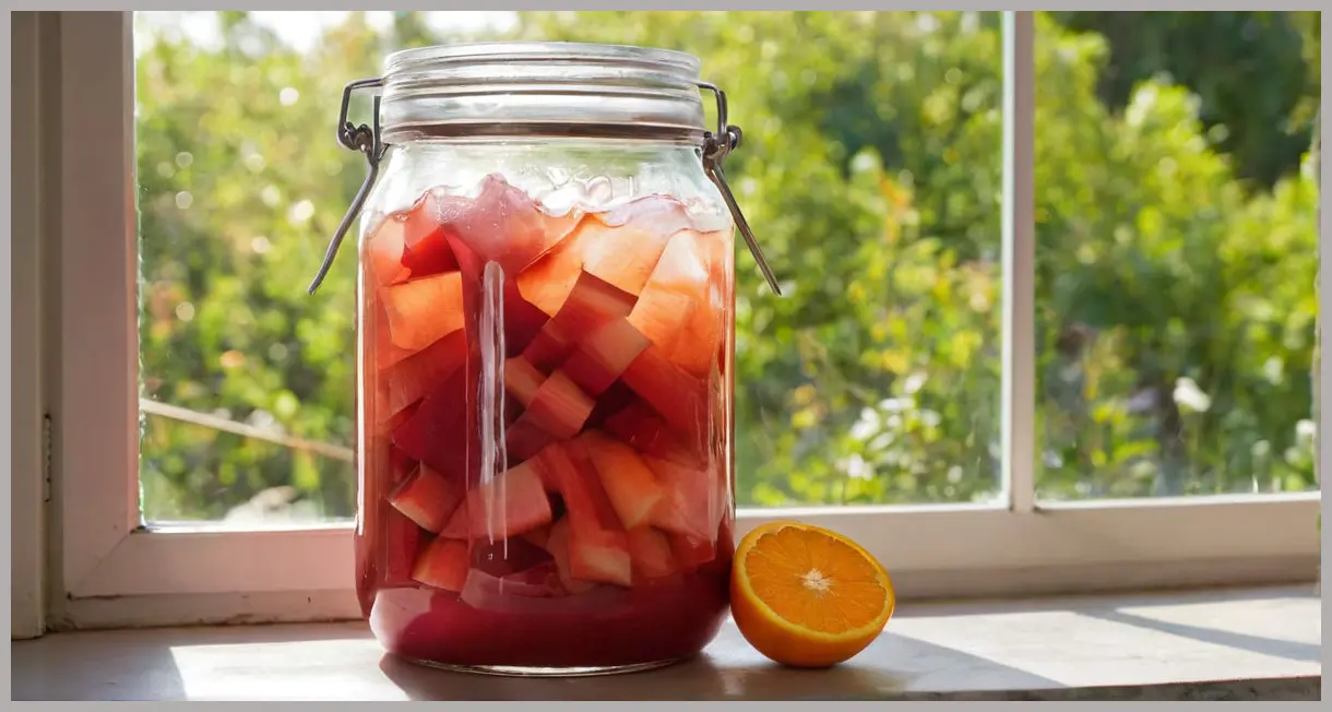 A sealed 1.5-litre Kilner jar containing Super-easy rhubarb vodka infusion, with sliced rhubarb, sugar, zest, and vodka, bathed in golden hour light.
