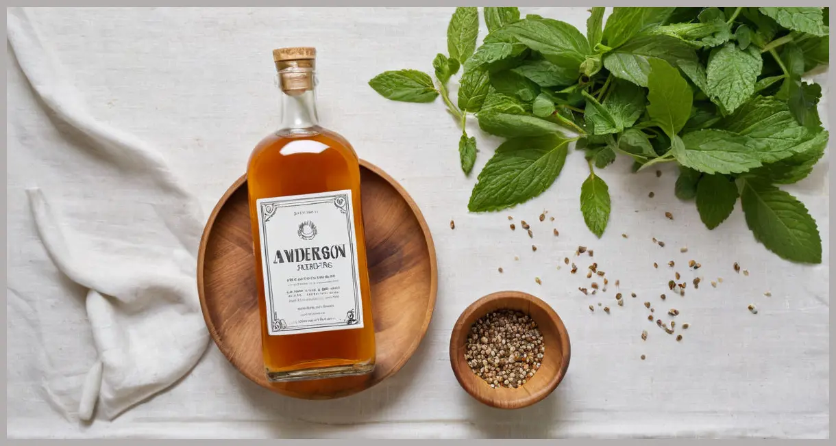 An overhead flat lay displaying an aquavit bottle, fresh mint leaves, caster sugar, and caraway seeds, key ingredients for a Swedish mint julep.
