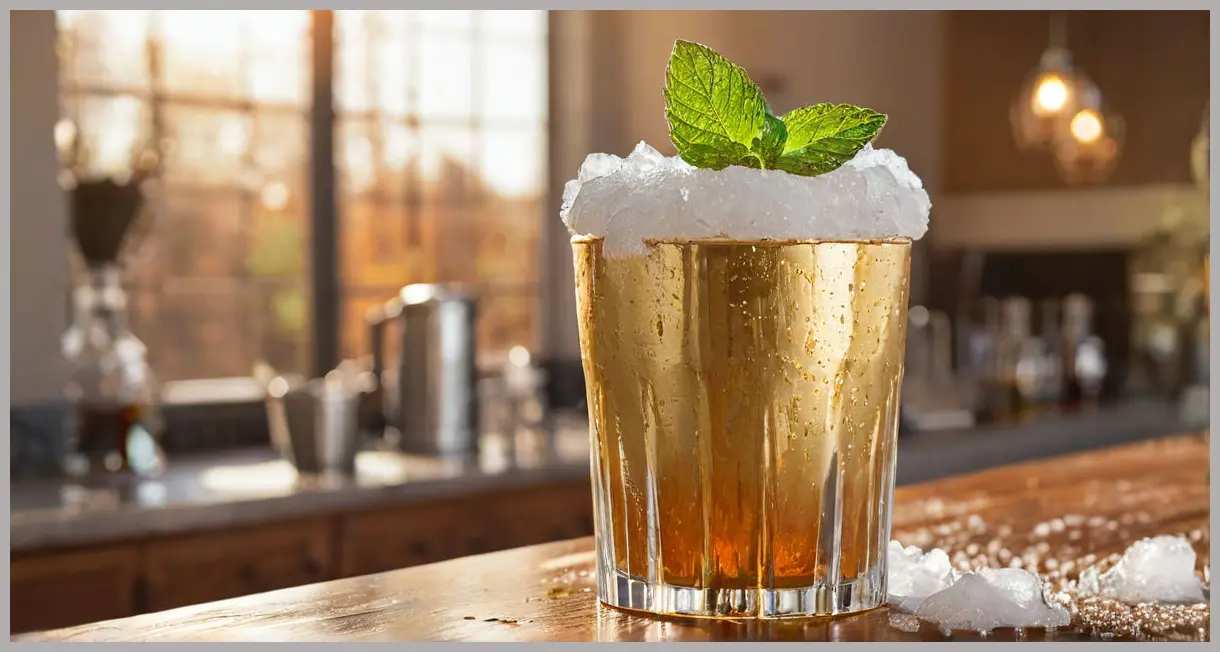 An eye-level wide shot of a Swedish mint julep in a frosty silver julep cup, garnished with a vibrant mint sprig, on a wooden bar top.