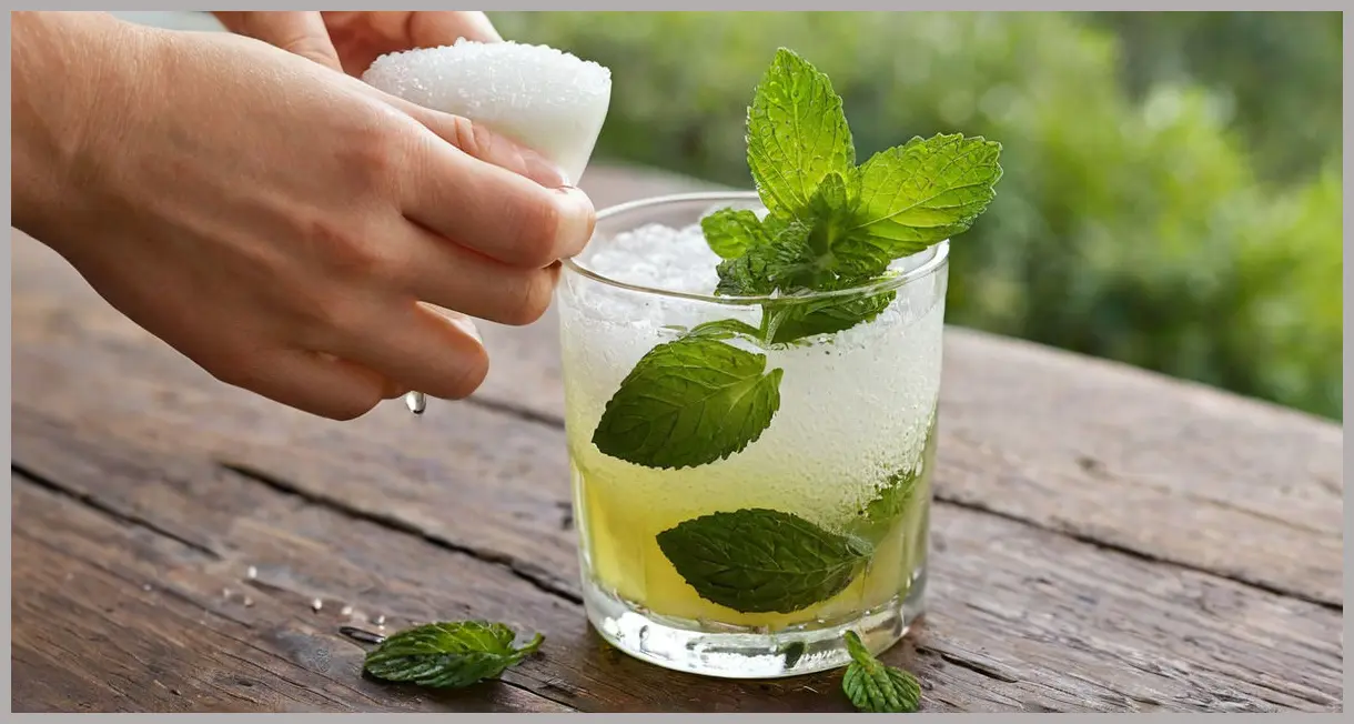 A close-up of vibrant green mint leaves and white caster sugar being gently muddled in a clear highball glass for a Swedish mint julep.