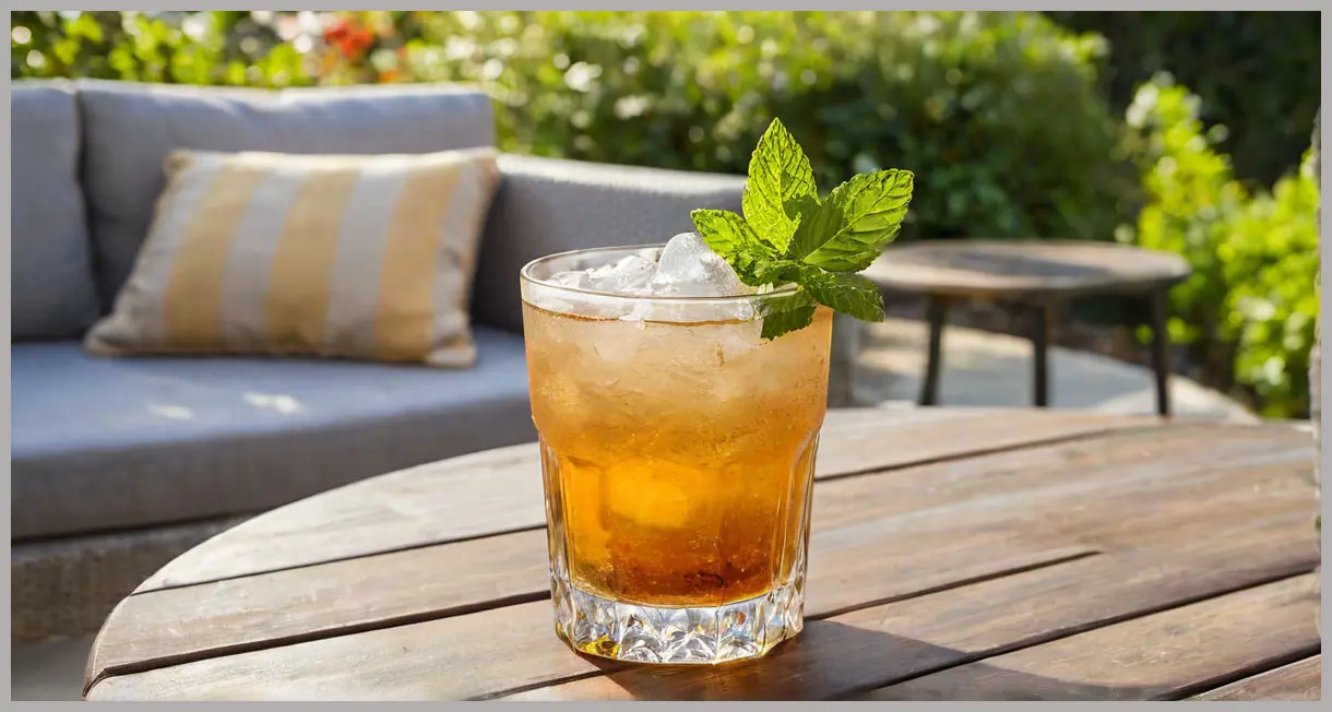 A medium wide shot of a garnished Swedish mint julep in a frosty highball glass on a patio table, surrounded by dappled sunlight and green foliage.