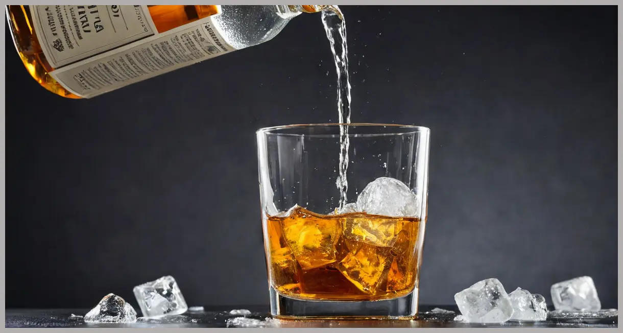 A dynamic close-up of golden amber aquavit pouring from a bottle into a clear highball glass filled with crushed ice and muddled mint for a Swedish mint julep.