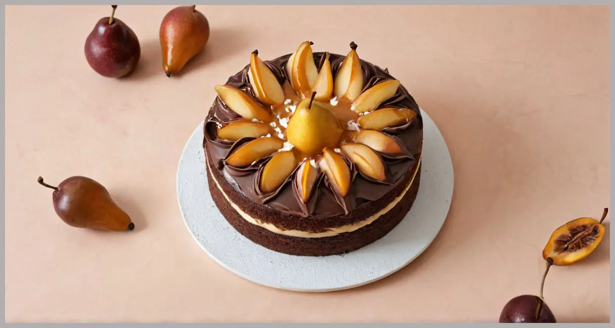 Top-down flat lay of chocolate cake with caramel poached pears and chocolate buttercream, arranged symmetrically with caramel drips and whole pears, soft studio lighting.