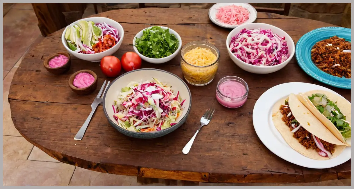 Taco slaw with pink pickled onions in a wide taco feast spread, warm ambient light, rustic clay plates, cozy communal vibe.