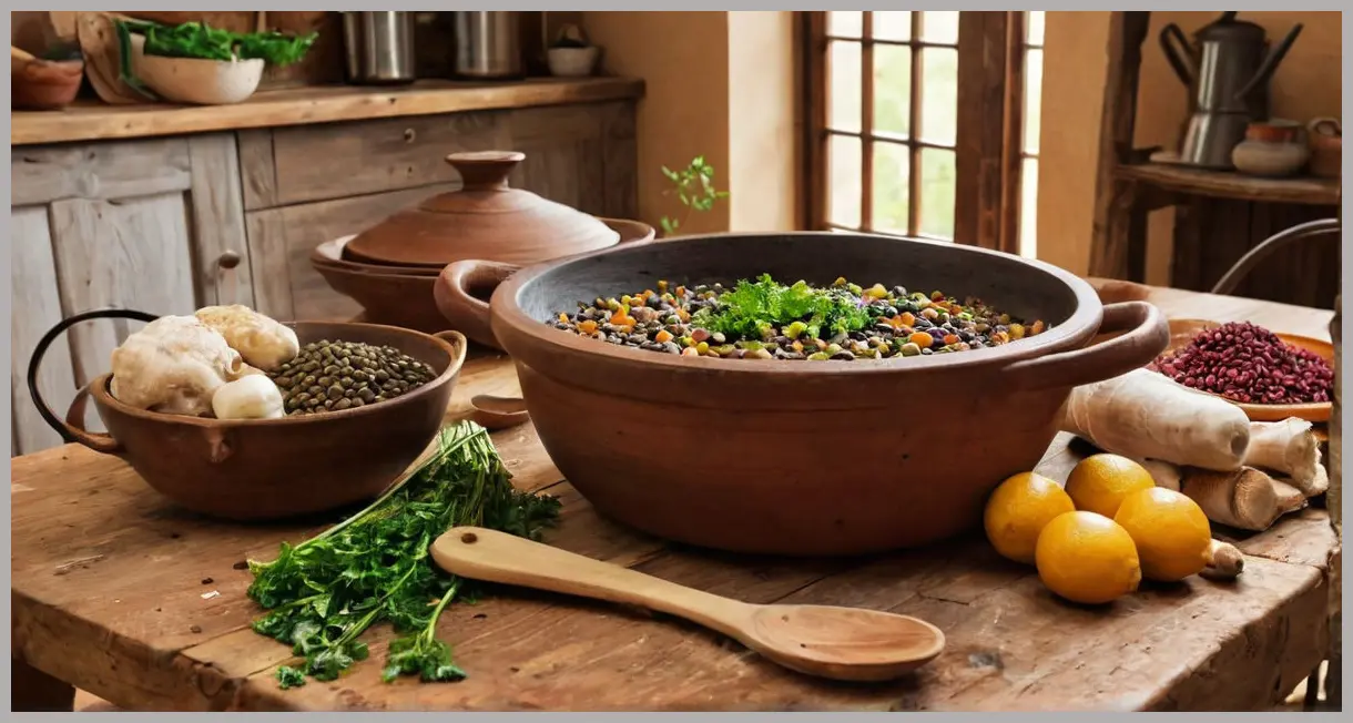 A wide-angle view of a clay tagine pot on a wooden table, surrounded by fresh root vegetables, parsley, lemons, prunes, and lentils, bathed in warm kitchen lighting.