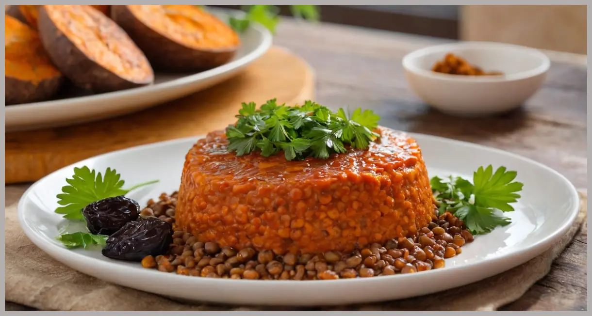 An extreme close-up of a harissa-coated lentil on a caramelized sweet potato, with a prune and parsley leaf nearby, all bathed in soft golden backlight.