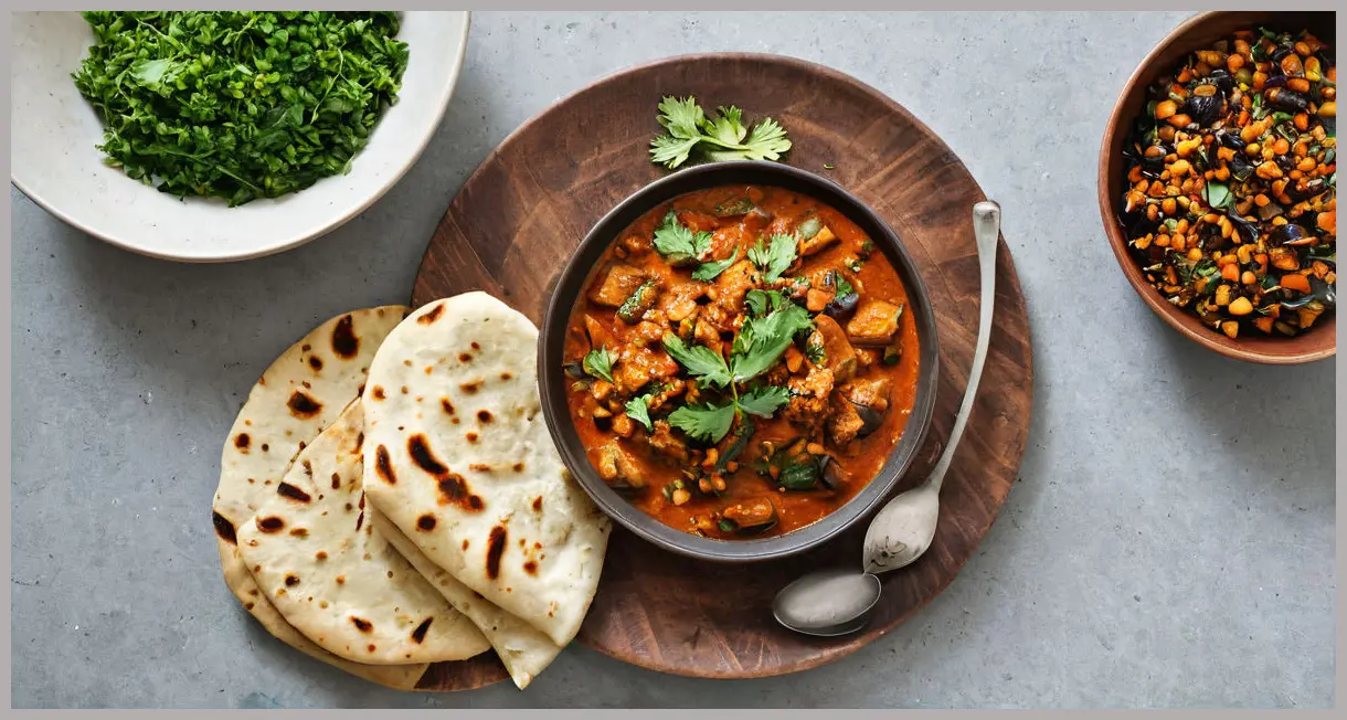 Overhead flat lay of Chetna Makan’s tamarind aubergine curry (imli baigan curry) with rice, naan, and raita on a slate platter, bathed in soft natural light.