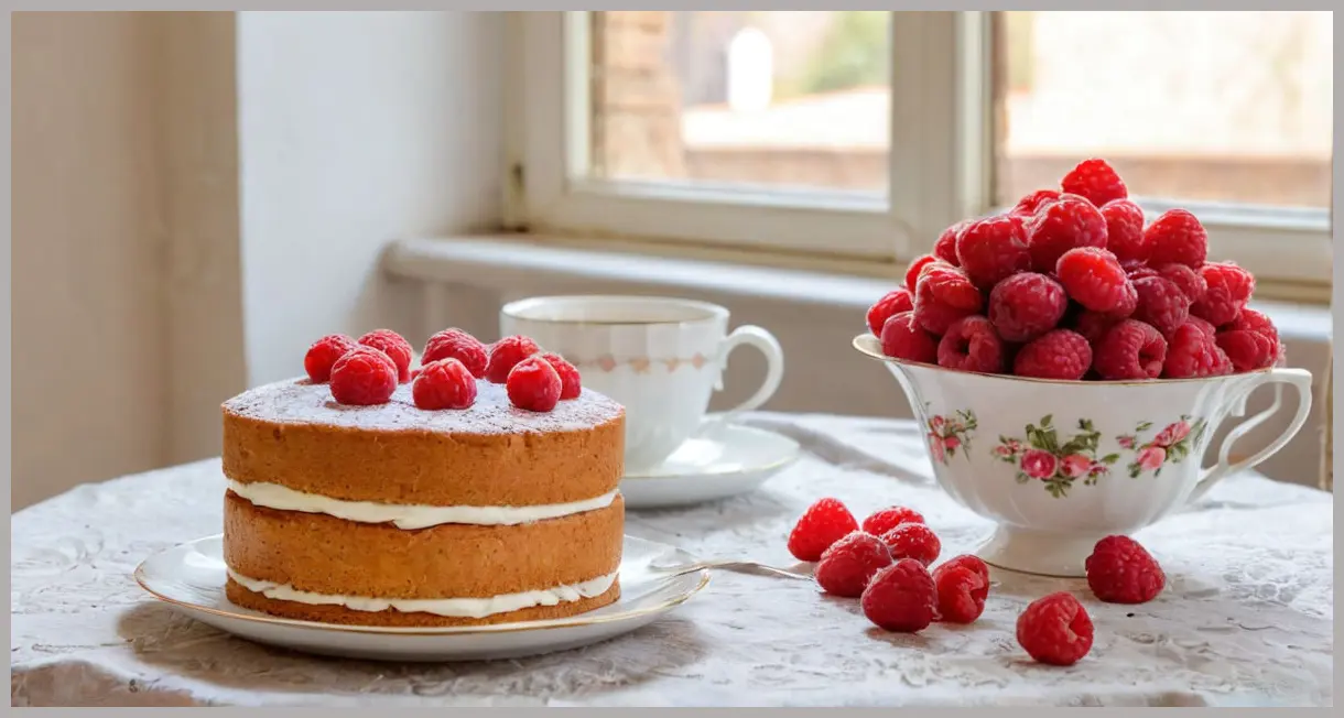 Vegan Victoria sponge cake on a saucer with tea, raspberries, and lemon slices in soft morning light.