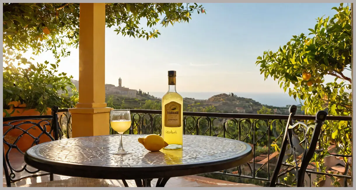 Gennaro Contaldo’s limoncello bottle on an Italian terrace at sunset, with lemon trees and Mediterranean architecture in the background.