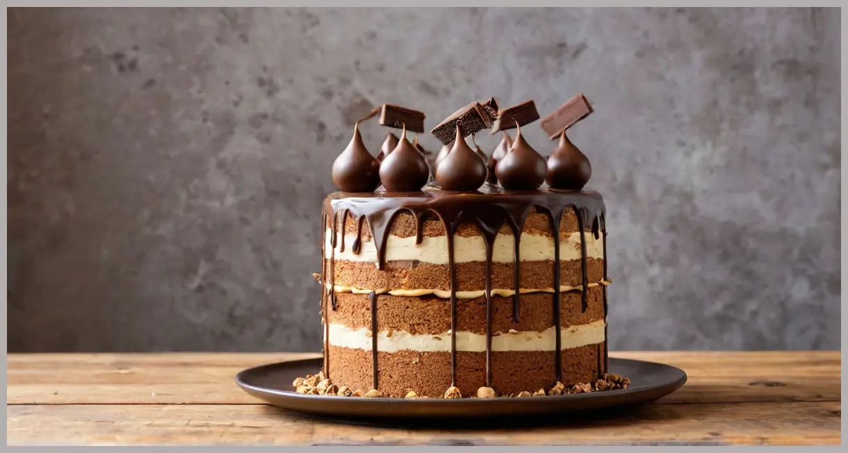 A three-tier Daim bar layer cake with dark ganache and cascading Daim crumbles on a wooden table, soft studio lighting. Daim bar layer cake