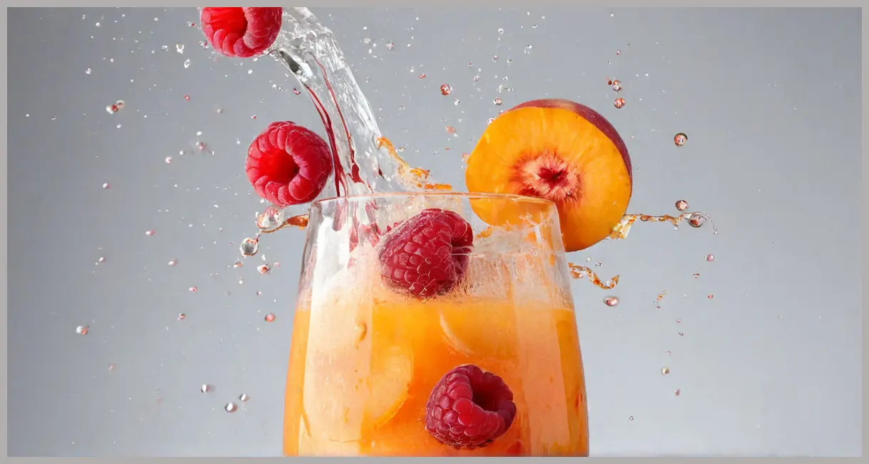A clear blender showcasing Three booze-free cocktails: Peach & Raspberry Cooler mid-blend, with frozen raspberries and peaches swirling in a vibrant orange-red mixture under soft studio light.