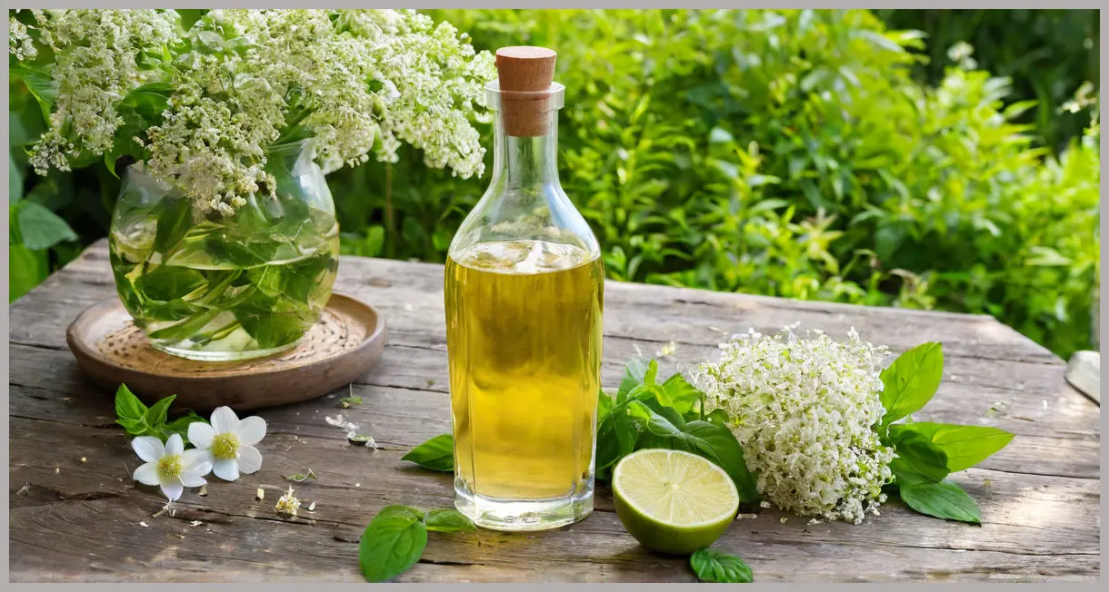 A vintage glass bottle of Three booze-free cocktails: Elderflower Cordial on a rustic wooden surface, with fresh elderflower blossoms, basil, mint leaves, and a cut lime, in dappled sunlight.