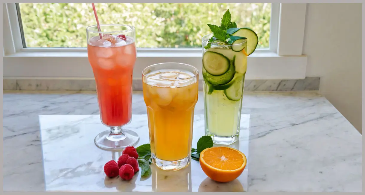 A wide shot of Three booze-free cocktails: Green Tea Infusion, Peach & Raspberry Cooler, and Elderflower & Herb Fizz, each garnished, arranged on a marble counter under bright daylight.
