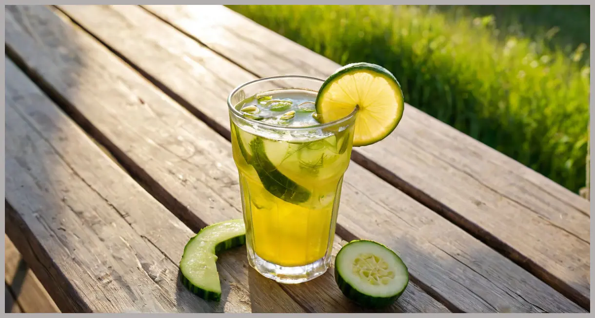 A close-up of a chilled glass of Three booze-free cocktails: Green Tea Infusion, featuring pale yellow liquid, cucumber and lemon slices, and ice, on a rustic wooden table with golden hour backlighting.