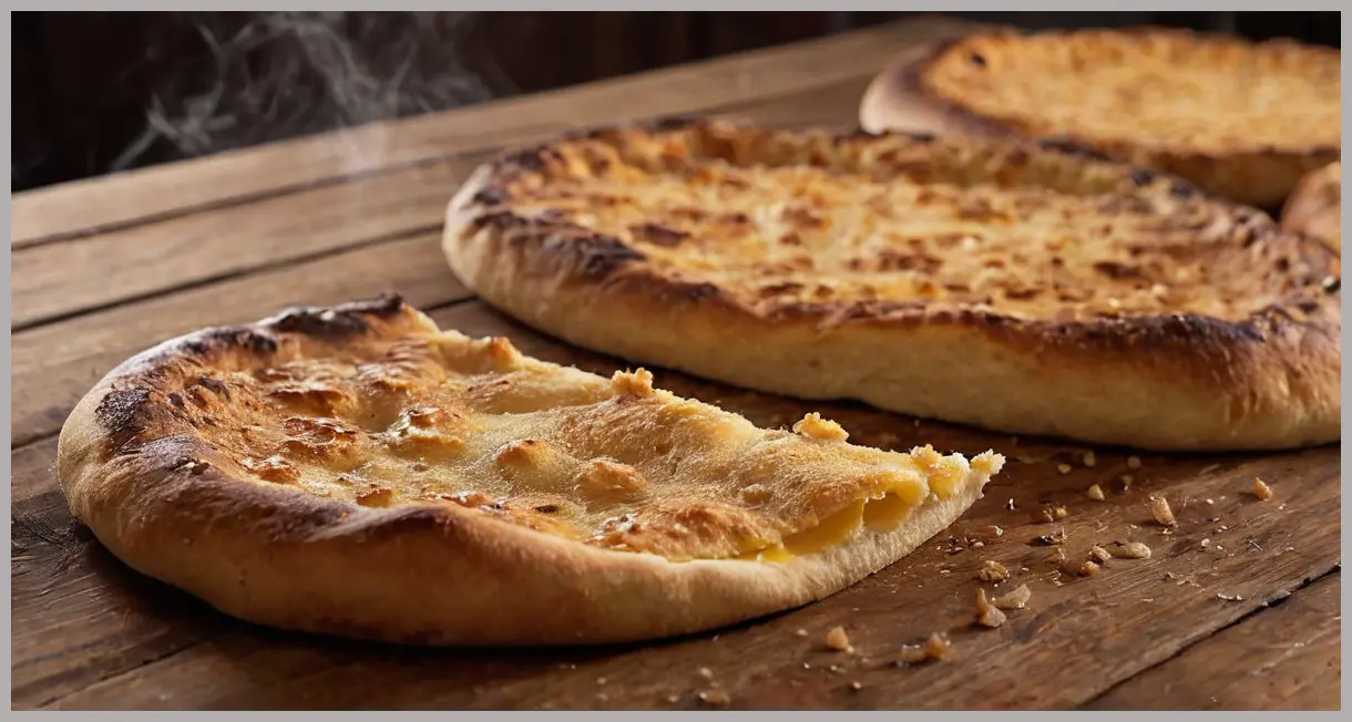 Extreme close-up of a torn pide flatbread’s crumb structure, glowing under candlelight, with steam rising and golden-brown layers, set against a dark wooden background. Pide dough