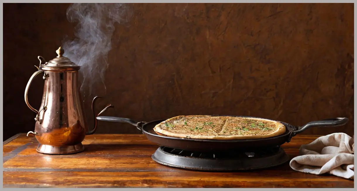 Griddled za’atar flatbread torn open, steam rising, lit dramatically with vintage lamp, rustic copper pan nearby.