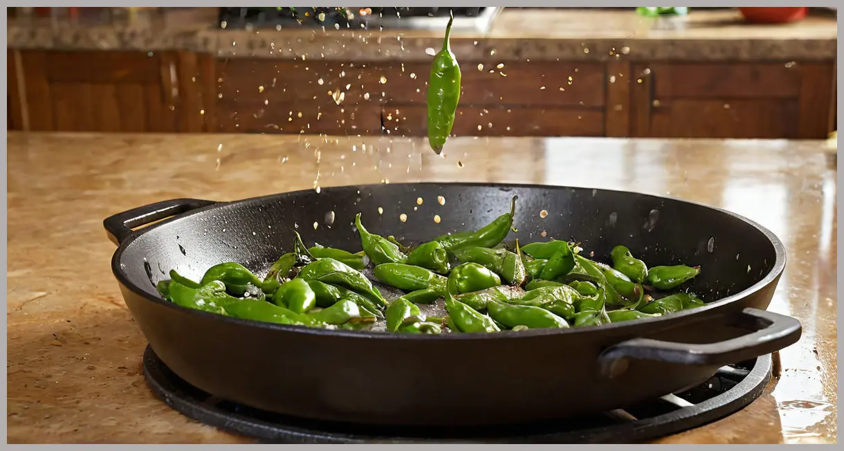 Action shot of Padron peppers mid-toss in a skillet, oil droplets suspended, warm kitchen lighting. Padron peppers