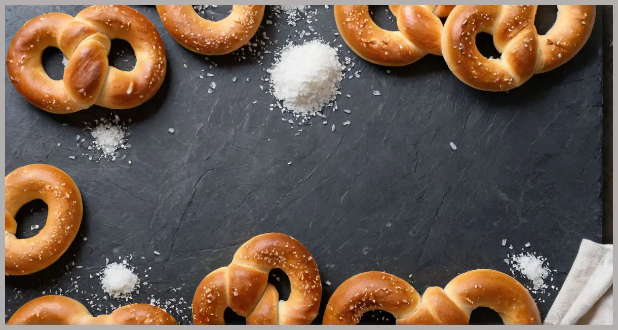 Overhead shot of 13 golden traditional pretzels on a dark slate board, coarse salt glistening, morning light, rustic linen napkin, minimalist arrangement.