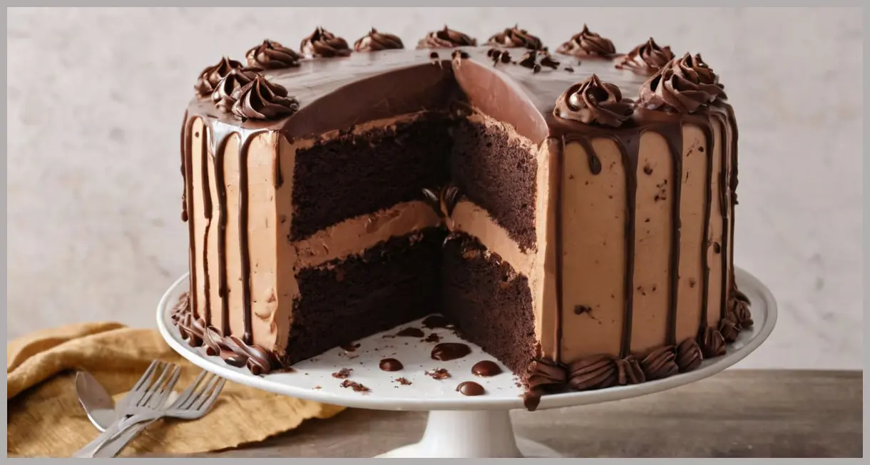 A photorealistic close-up of a triple-chocolate layer cake, featuring glossy mousse icing, rich dark sponge, and smooth buttercream. Triple-chocolate layer cake