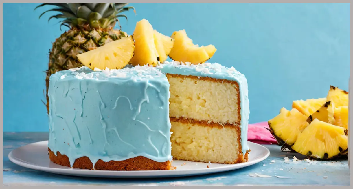 Dutch angle shot of gluten-free birthday cake sponge with coconut and pineapple under cool blue ambient lighting. Gluten-free birthday cake sponge