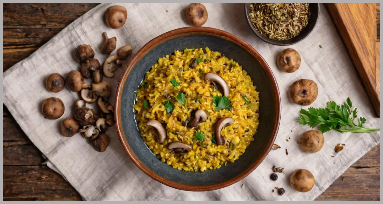 Overhead flat lay of Mushroom and truffle khichadi in a rustic bowl, surrounded by wild mushrooms, truffle slices, and fresh coriander on linen.