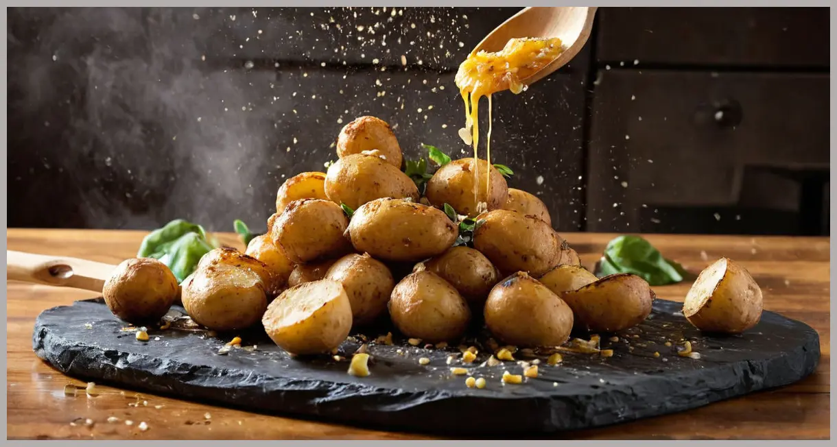 Garlic roast potatoes with bay leaves tumbling from a spoon, dynamic shot with mid-air garlic, bay leaves, and glistening oil splashes.
