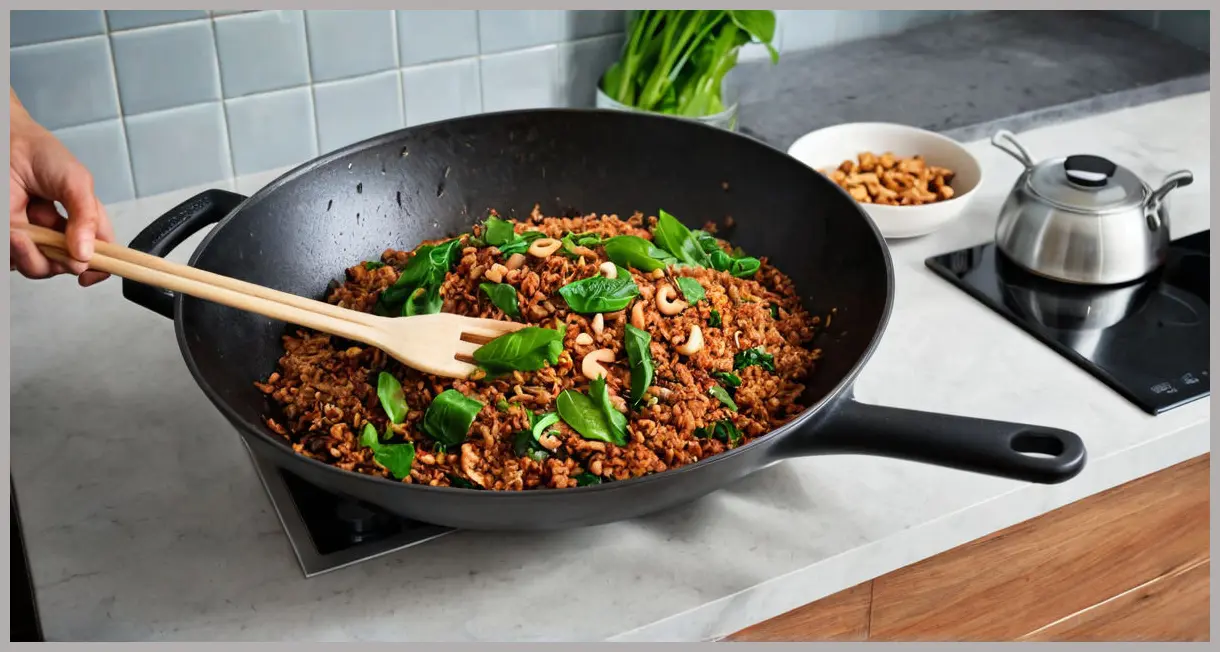 Wide-angle of a wok filled with stir-fried red rice, bok choy, and cashews steaming under twilight kitchen lights. Stir-fried red rice