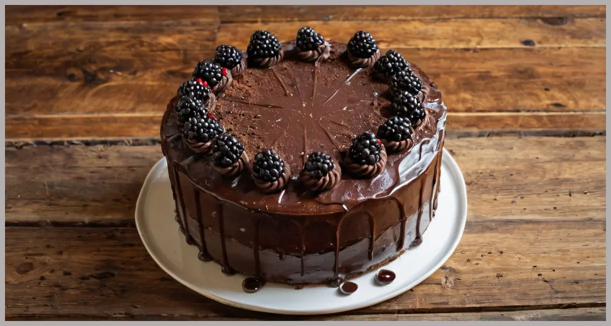 Overhead view of a two-tier Chocolate Celebration Layer Cake on a wooden table, ganache finish, blackberry garnish, warm studio lighting, cozy atmosphere.
