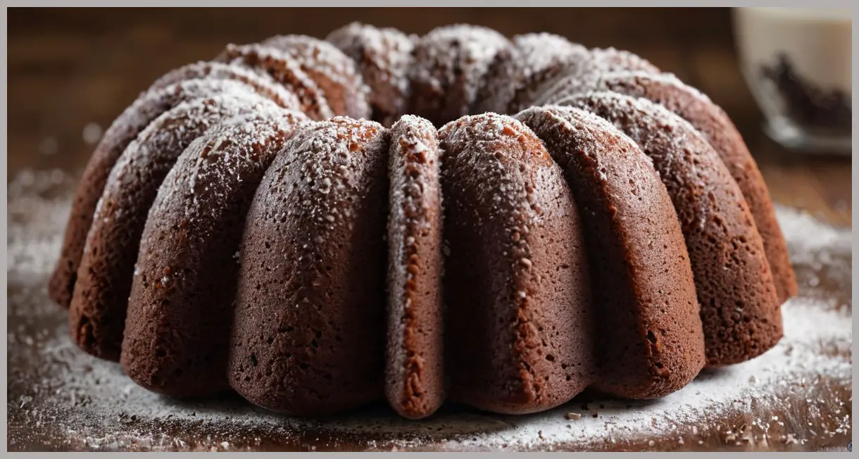 Extreme close-up of chocolate bundt cake crumb, ultra-macro lens, soft backlighting, almond particles visible. Secret-ingredient chocolate bundt cake
