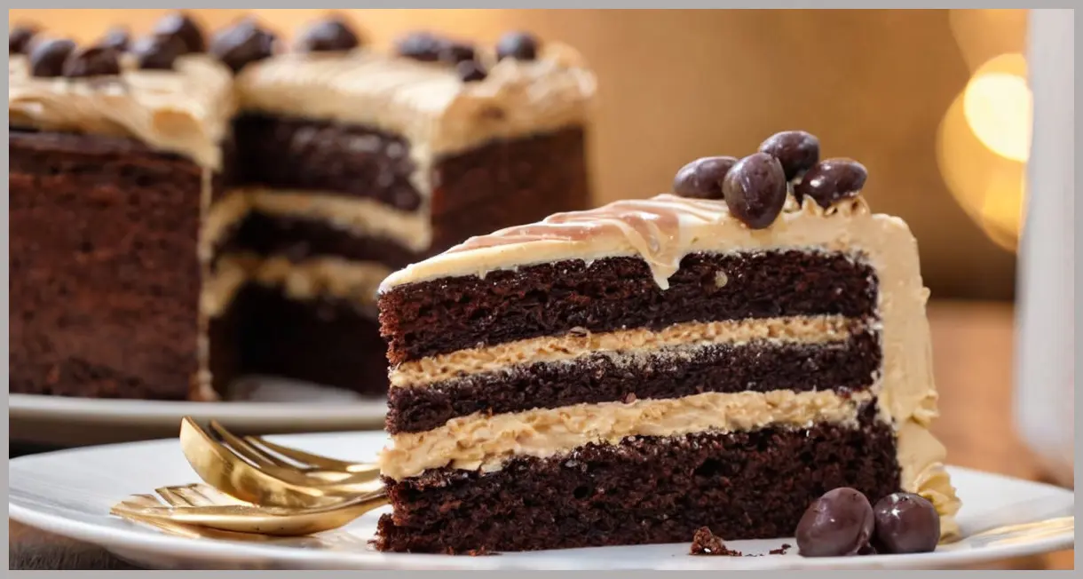 A close-up slice of vegan chocolate cake with ganache, buttercream, and cherry jam filling under dramatic side lighting. Vegan chocolate cake