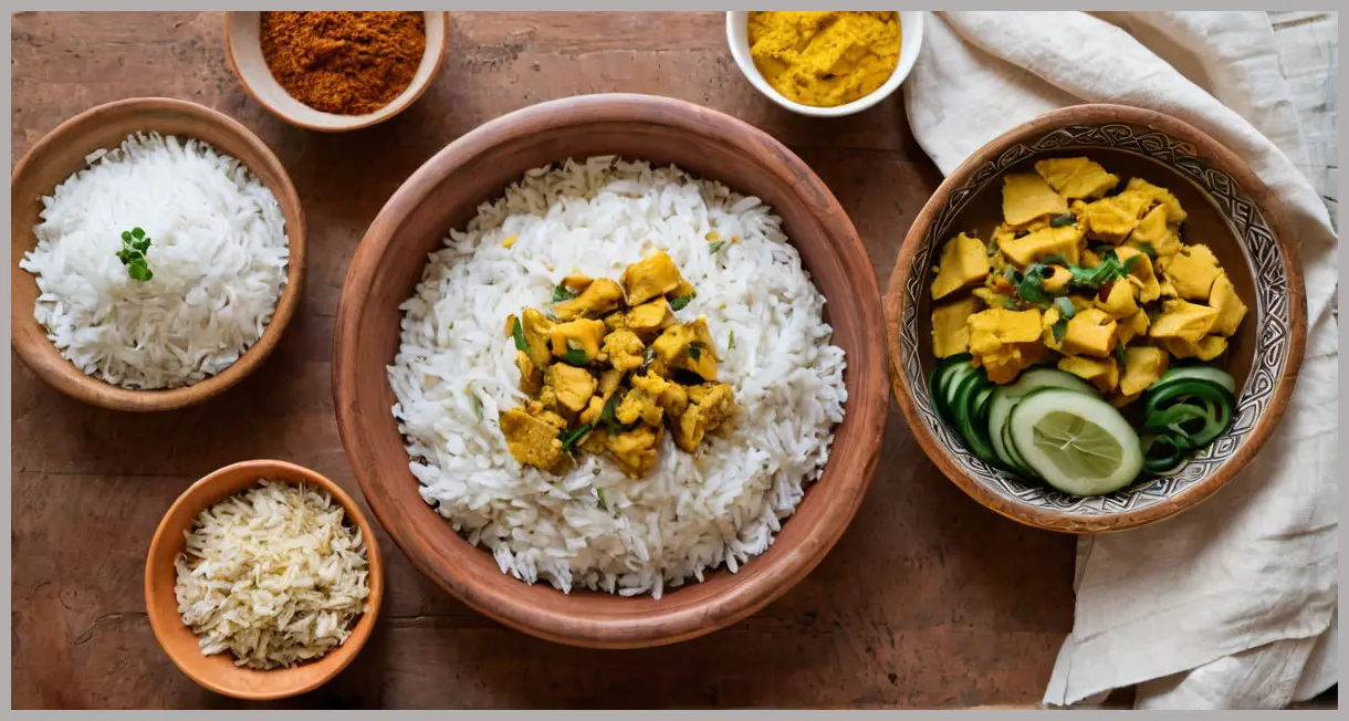 Overhead flat lay of vegan jackfruit masala with basmati rice, naan, and raita on a wooden table. Warm, inviting, and textured. Vegan jackfruit masala