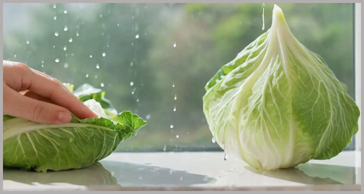 Macro shot of a suspended vegan kimchi brine droplet on a cabbage leaf. Soft light, reflections inside the drop. Ethereal and delicate. Vegan kimchi