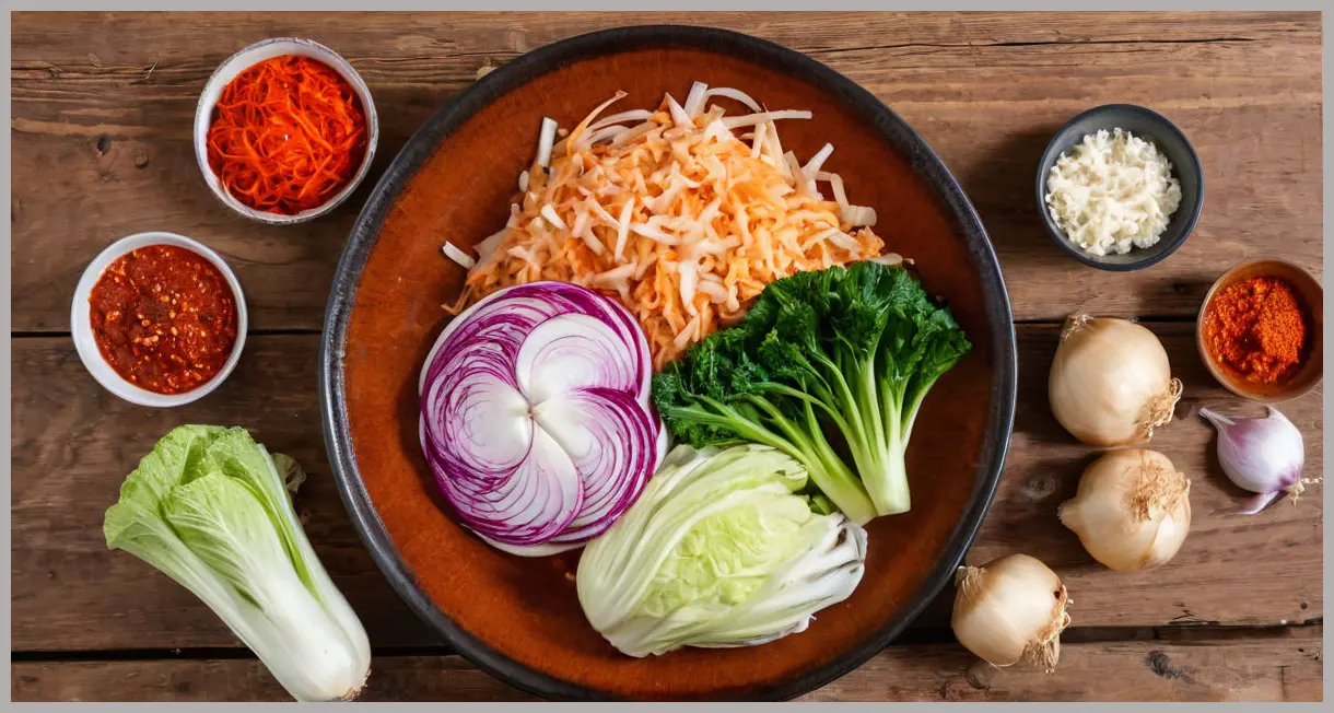 Top-down flat lay of vegan kimchi ingredients: cabbage, daikon, garlic, ginger, and spices. Warm light, rustic wood background. Vegan kimchi