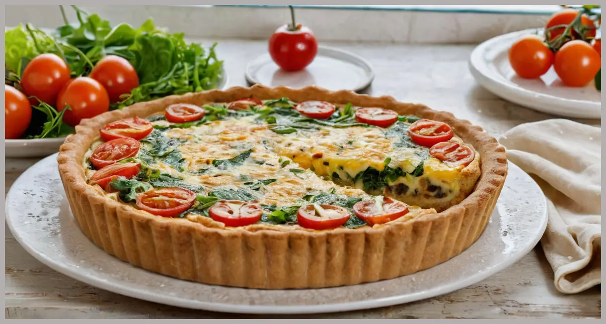 Vegan quiche on a vintage plate with salad greens, cherry tomatoes, and golden crust in natural light. Vegan quiche
