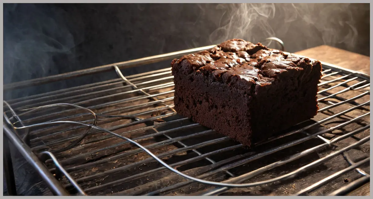 A dutch angle shot of a vegan chocolate brownie cooling on a wire rack, steam rising, cracked crust glowing under moody low-key lighting.