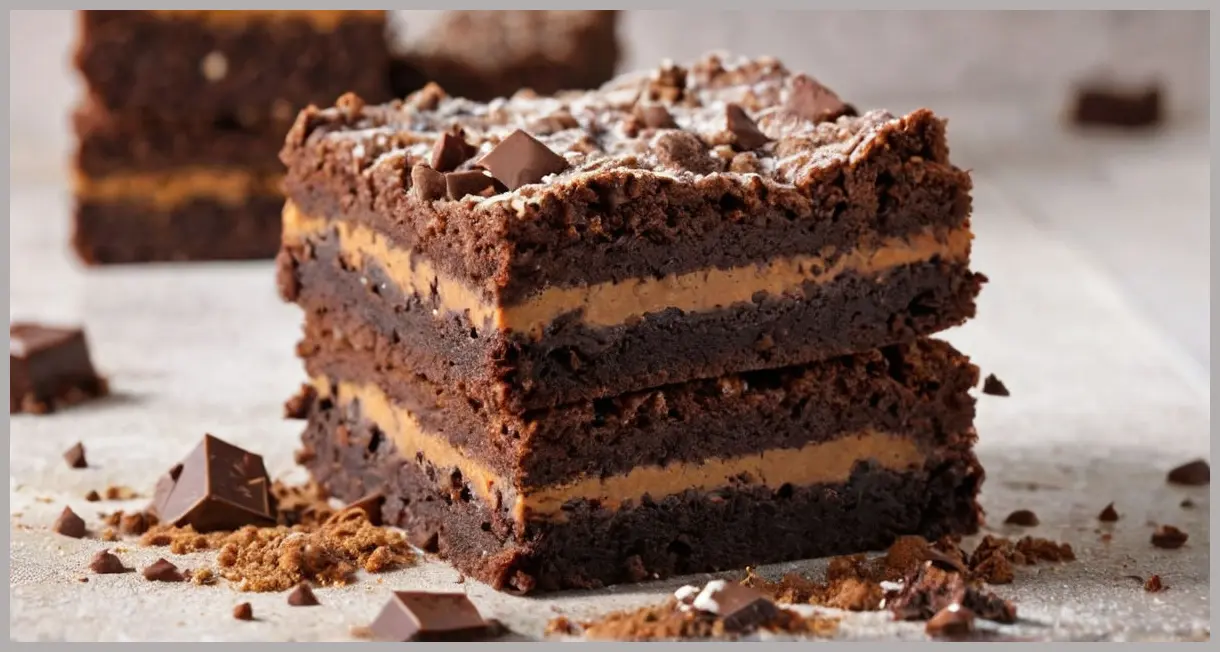 An extreme close-up of a vegan chocolate brownie cross-section, backlit to reveal fudgy layers, melted chocolate pockets, and sparkling dusted sugar.