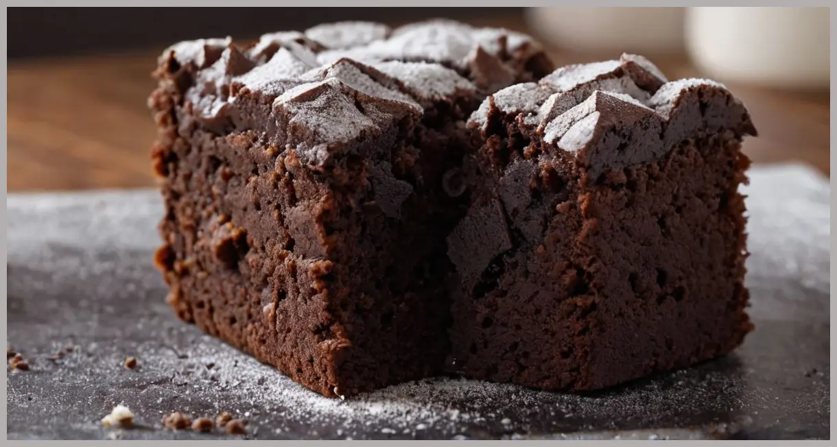 A close-up of freshly baked vegan chocolate brownies with a glossy cracked crust, gooey center, and dusted icing sugar under soft studio light.