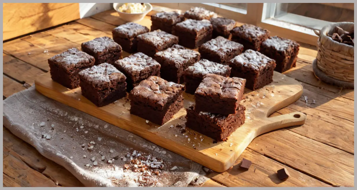 An overhead flat lay of 16 freshly cut vegan chocolate brownie squares on a rustic wooden board, dusted with powdered sugar in golden hour light.