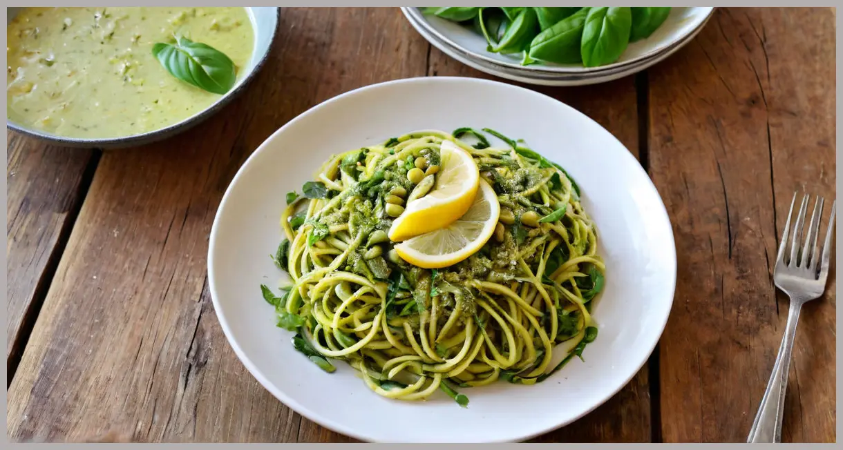 Top-down flat lay of a rustic wooden table featuring vegan pesto spaghetti with lemon and courgettes, charred courgette slices, broad beans, and olives.